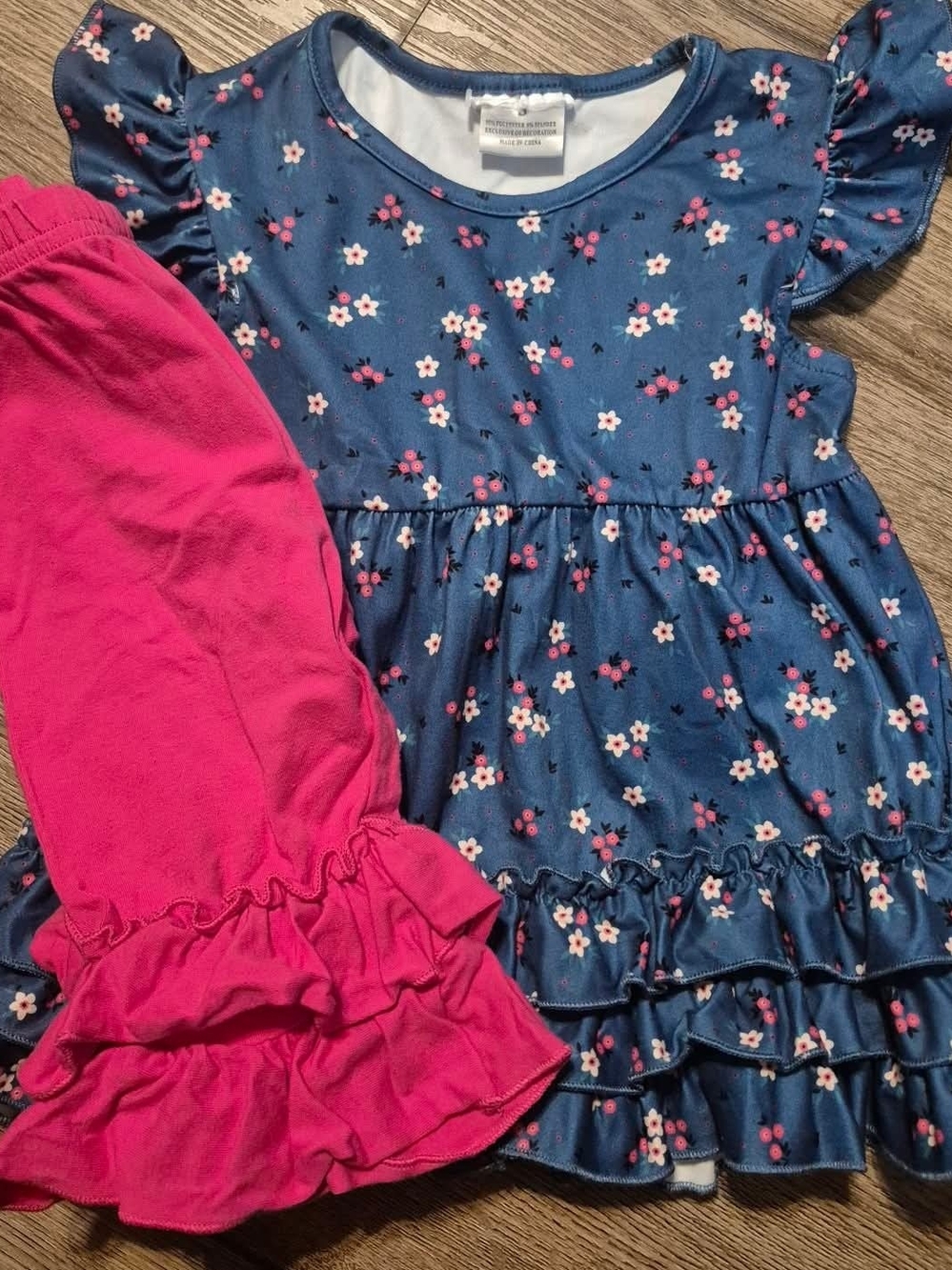Girls Floral 2pc Blue Tunic with Hot Pink Ruffle Leggings